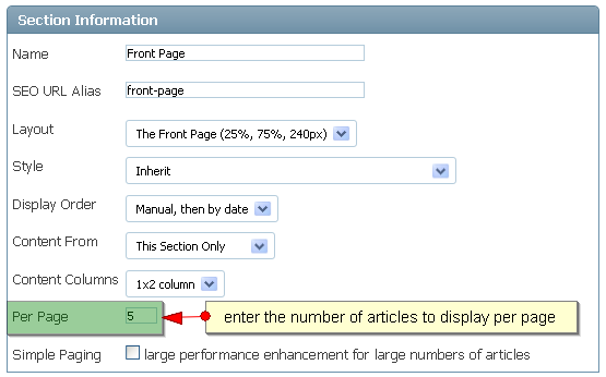 Section - Artikelen per Page